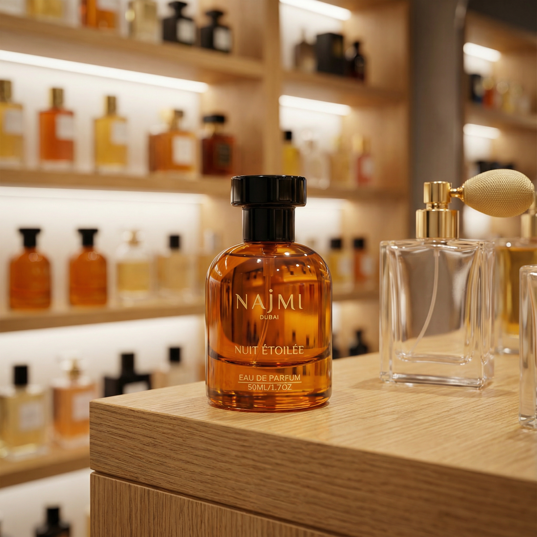 Bottle of Nuit ΓtoilΓ©e by Parfums Najmi perfume displayed beside a generic designer fragrance in a boutique setting