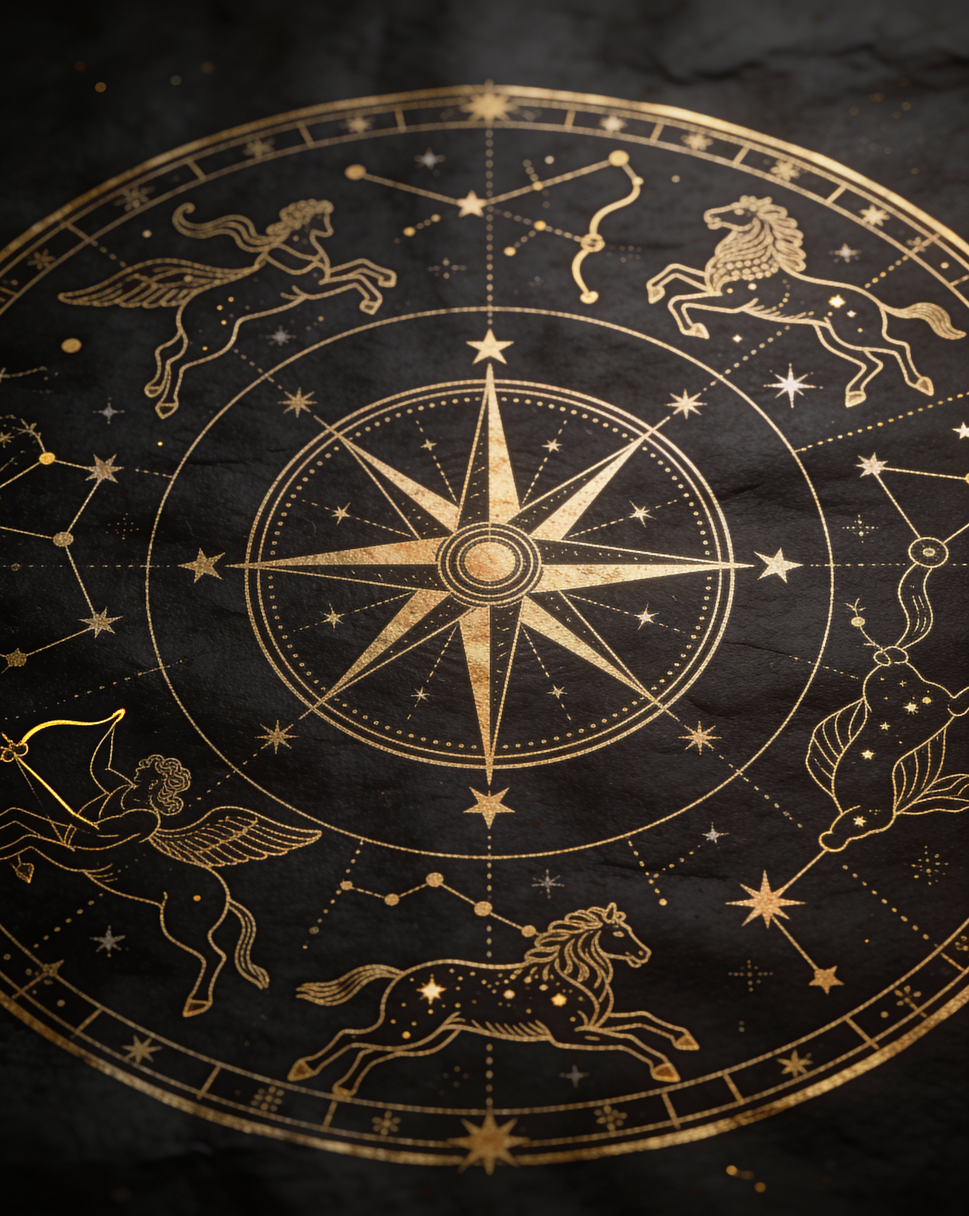 Golden eight-point compass rose overlaid with constellations on dark parchment representing navigation and stars.
