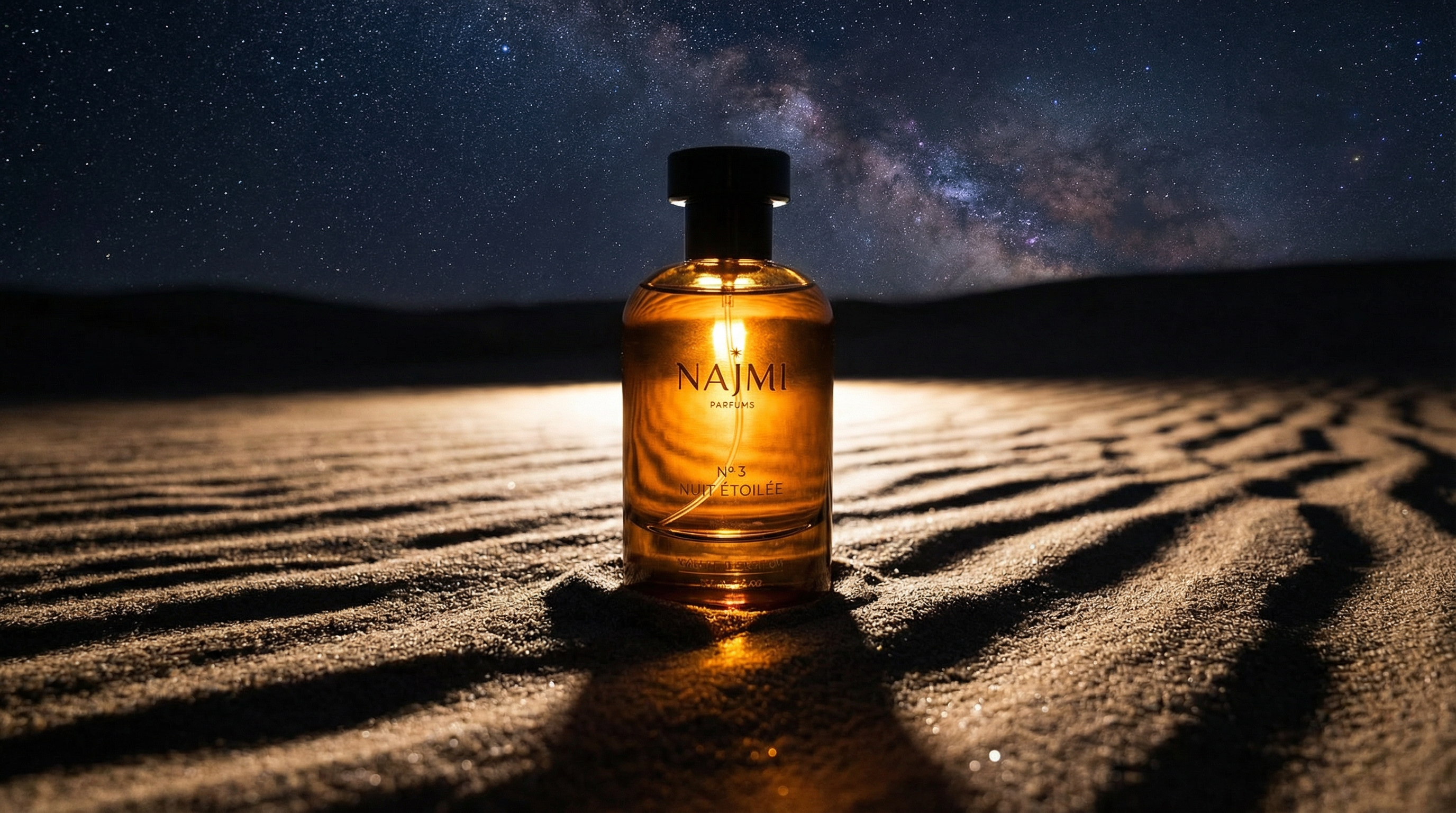 Parfums Najmi Bottle Under Starry Desert Sky
