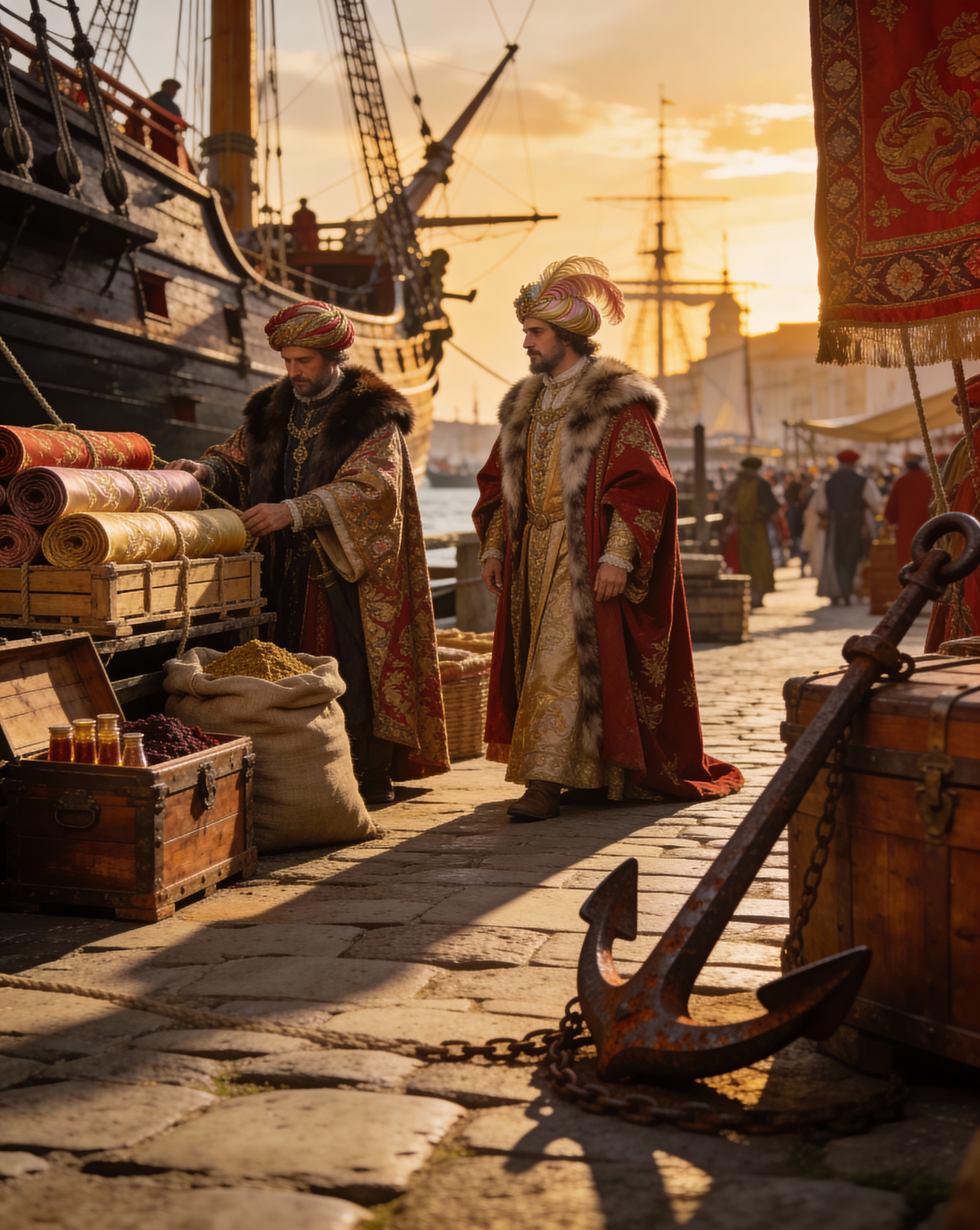 Venetian port scene with merchants exchanging spices, silk, and incense from Middle Eastern trade routes.