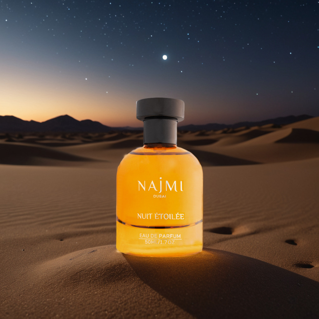 A bottle of Parfums Najmi Dubai perfume, showcasing different oriental scents that match various personality traits.