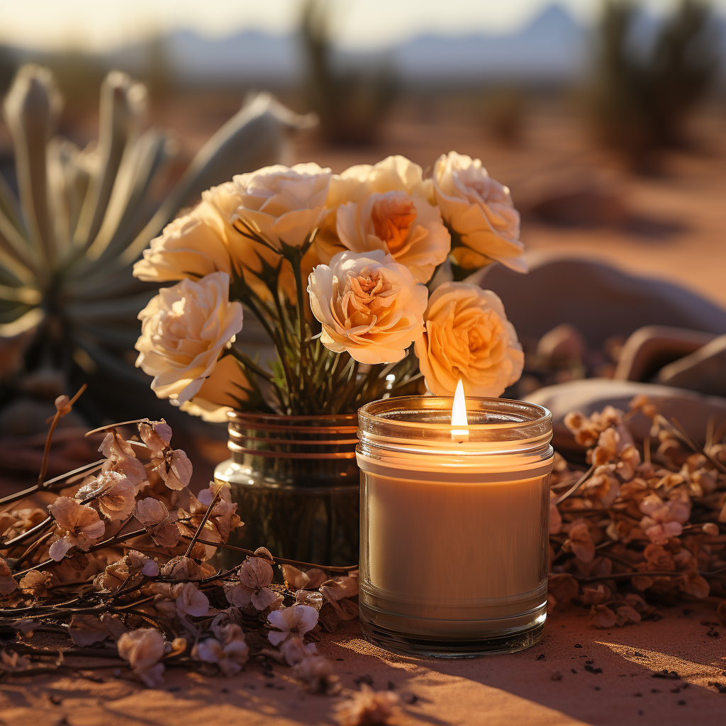 Oriental perfume candle glowing amidst vibrant flowers in the vast expanse of the desert.