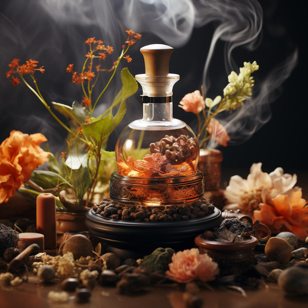 Najmi Perfumes Emotional Symphony: A visual representation of joy, serenity, spice, and floral notes, creating a sensory experience that transcends the ordinary.