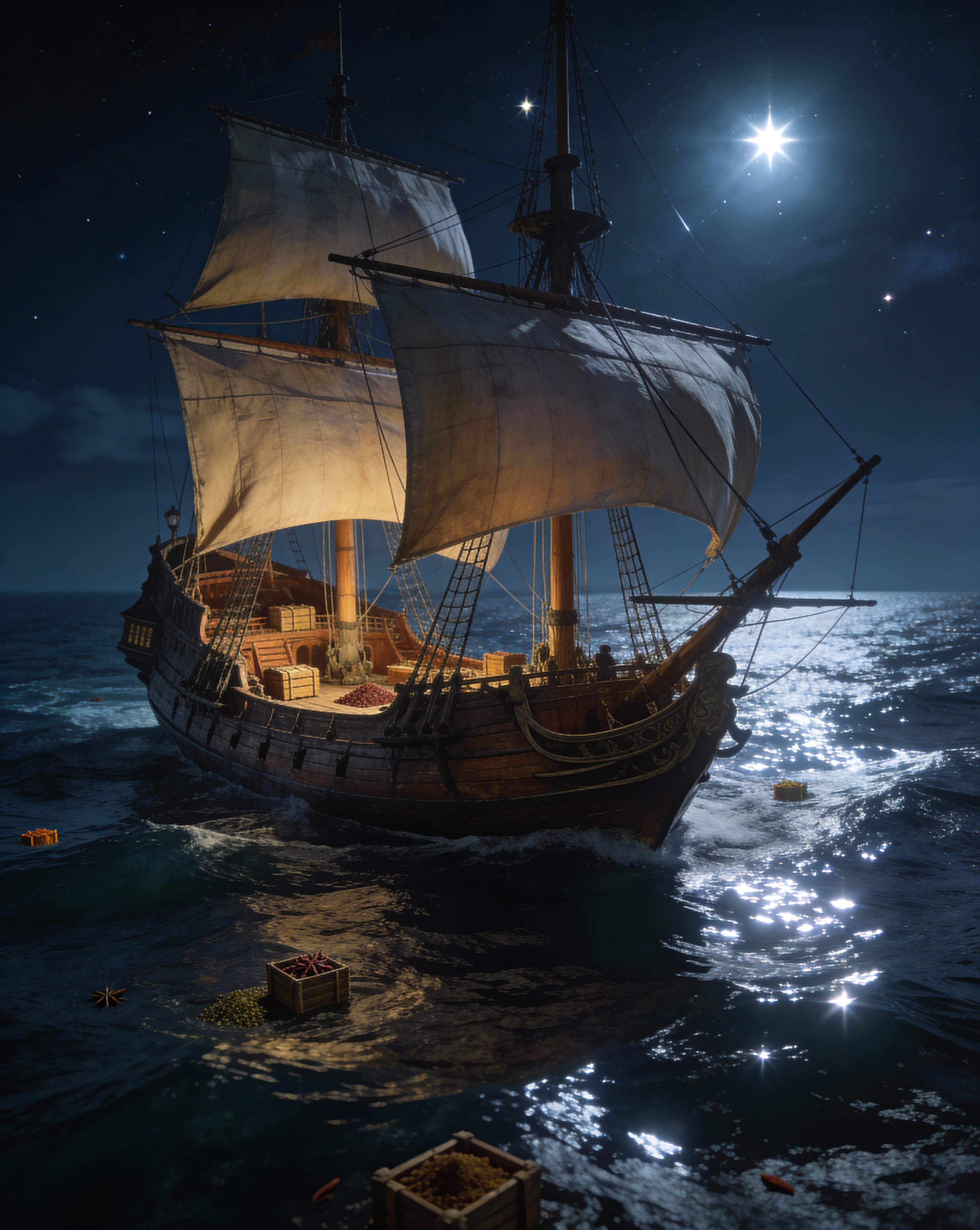Historic Portuguese sailing ship crossing the ocean at night guided by bright constellations and starlight.